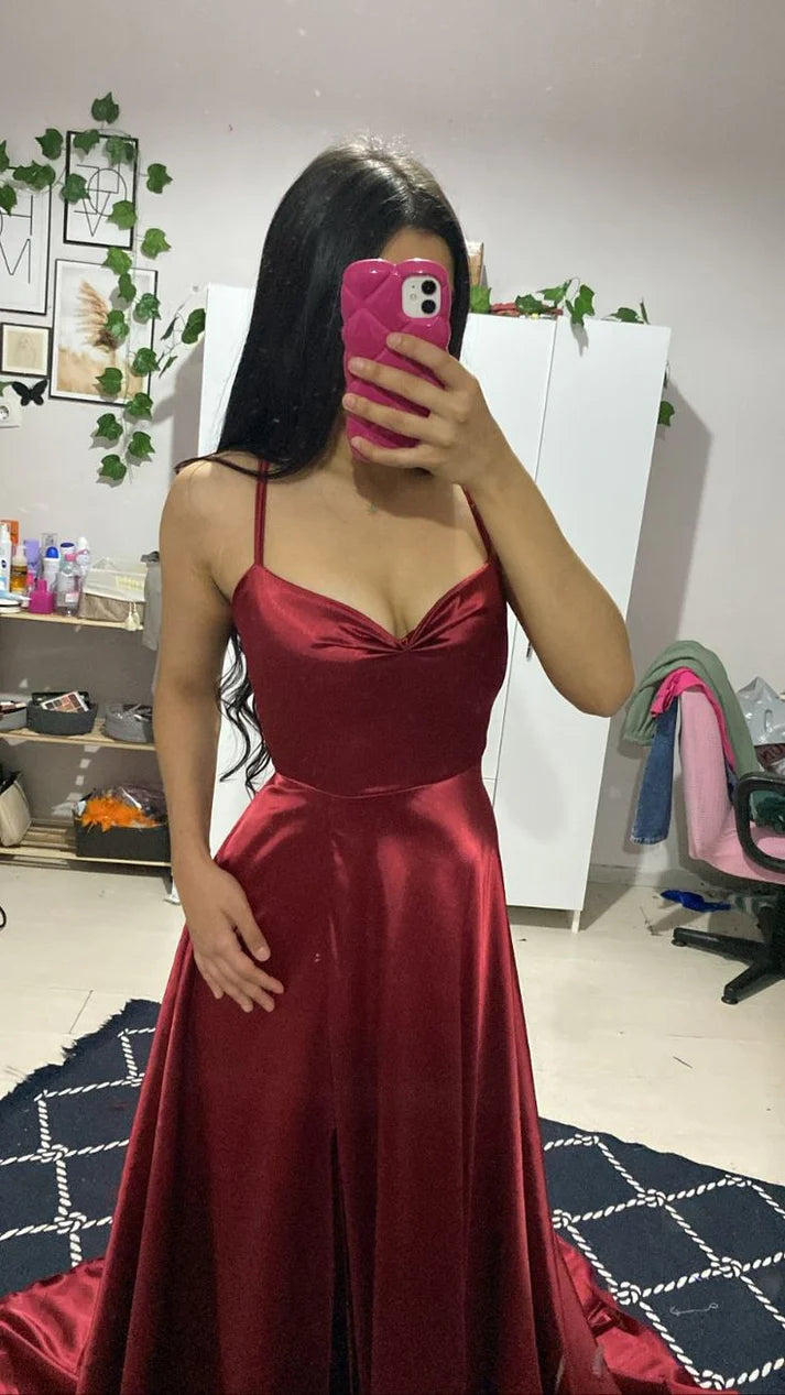 Simple A Line Spaghetti Straps Slit Satin Burgundy Long Evening Dress Prom Dress