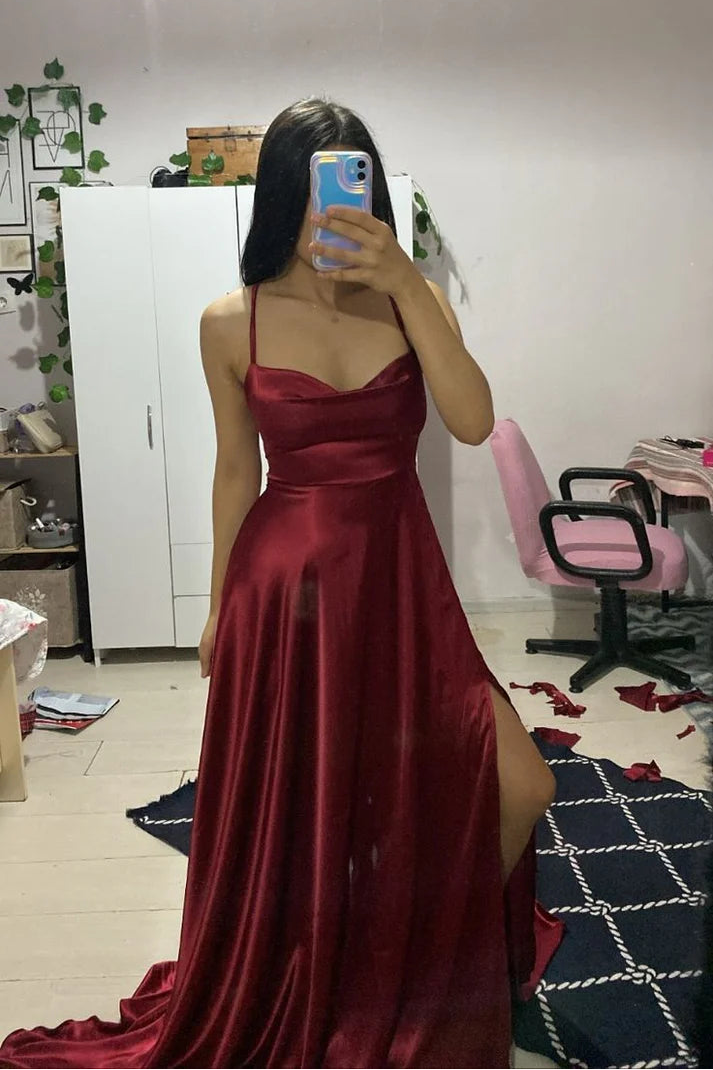 Simple A Line Spaghetti Straps Slit Satin Burgundy Long Evening Dress Prom Dress