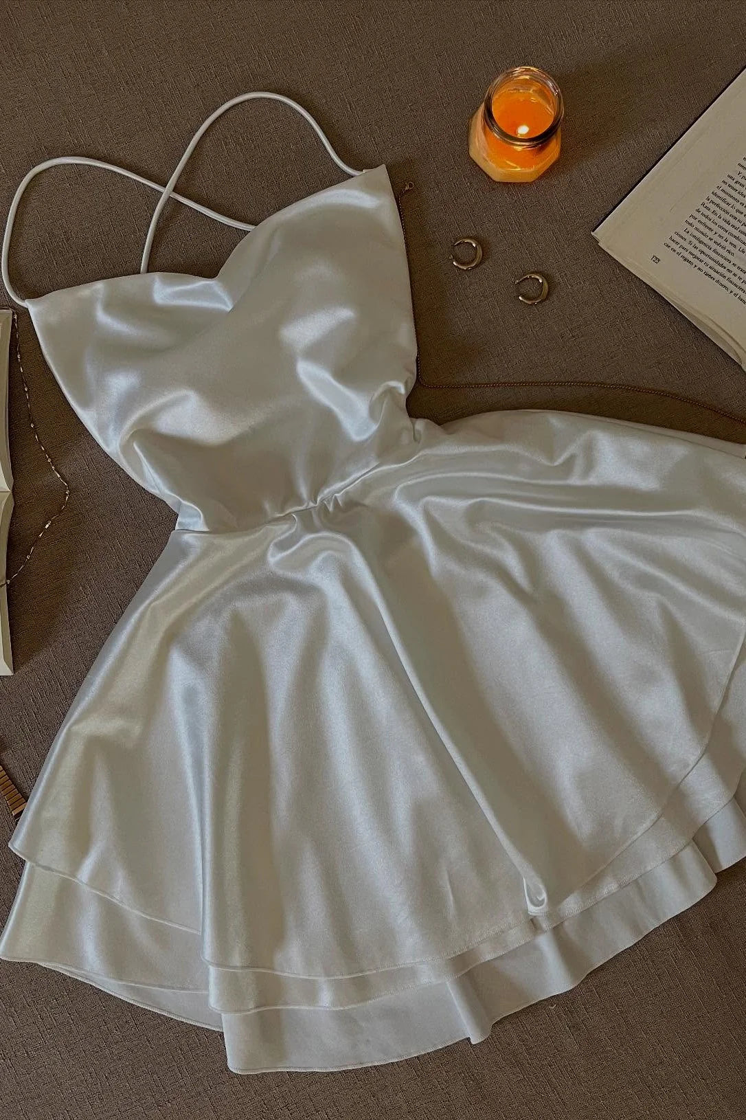 Simple A Line Spaghetti Straps Tiered Satin White Short Homecoming Dress