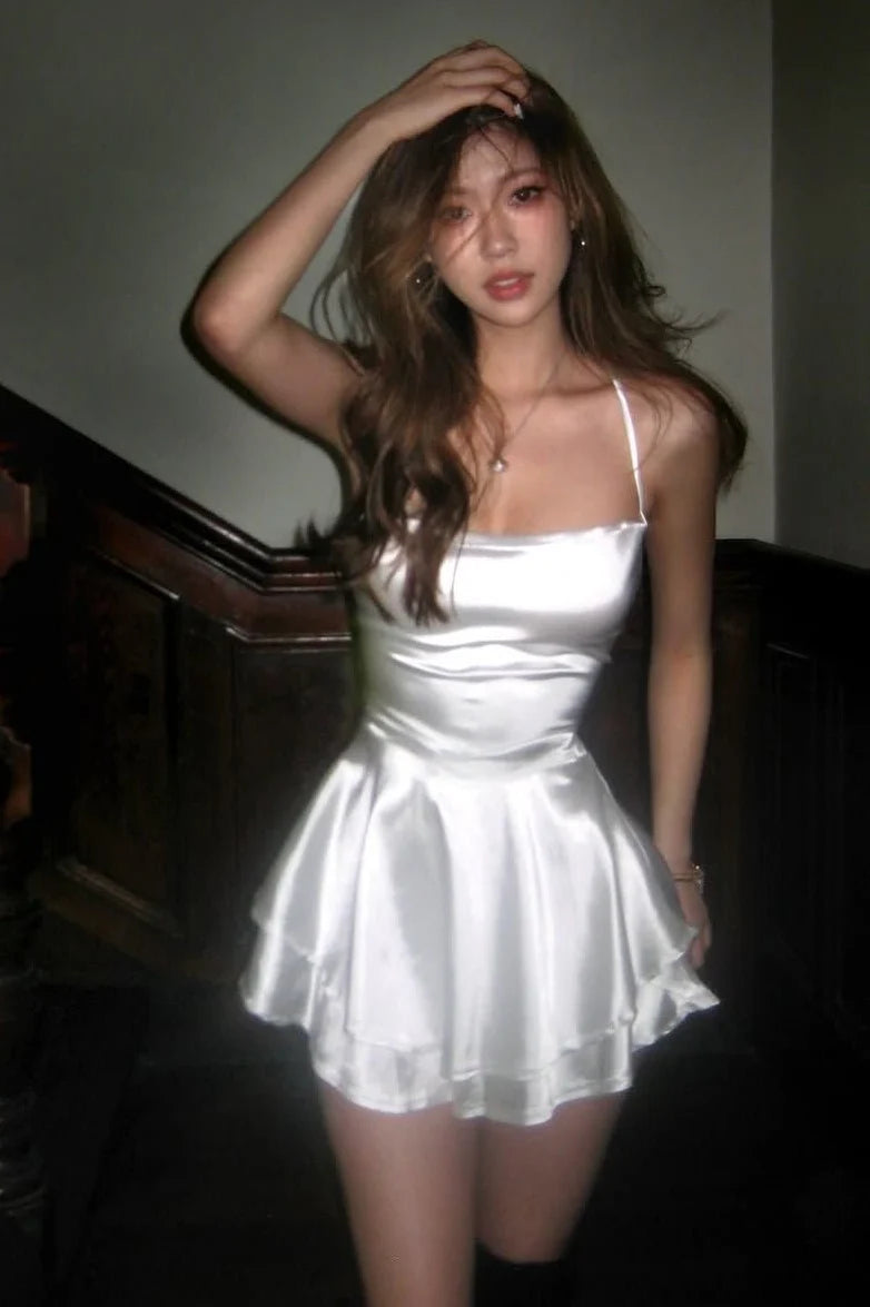 Simple A Line Spaghetti Straps Tiered Satin White Short Homecoming Dress