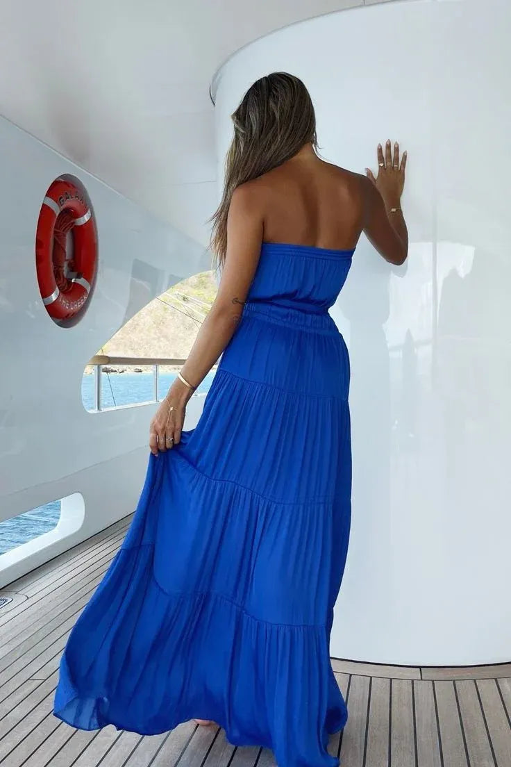 Simple A Line Strapless Sleeveless Tiered Royal Blue Floor Length Prom Dress