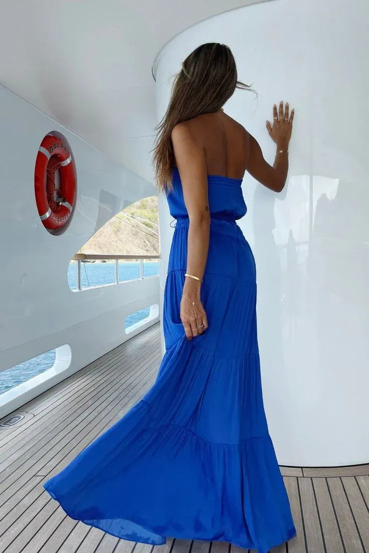 Simple A Line Strapless Sleeveless Tiered Royal Blue Floor Length Prom Dress
