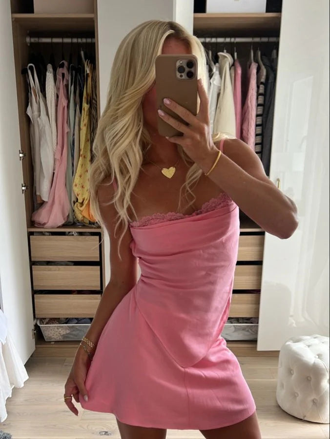 Simple A Line Sweetheart Lace Trim Pink Short Homecoming Dress For Ladies