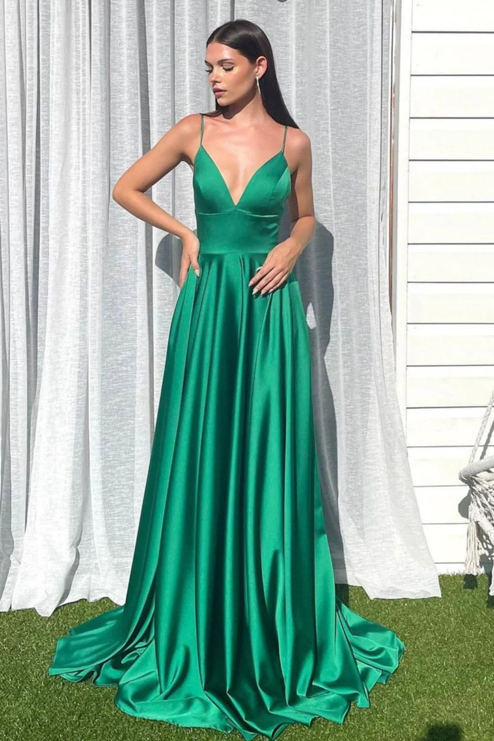 Simple A Line V Neck Spaghetti Straps Green Long Evening Dress With Pockets