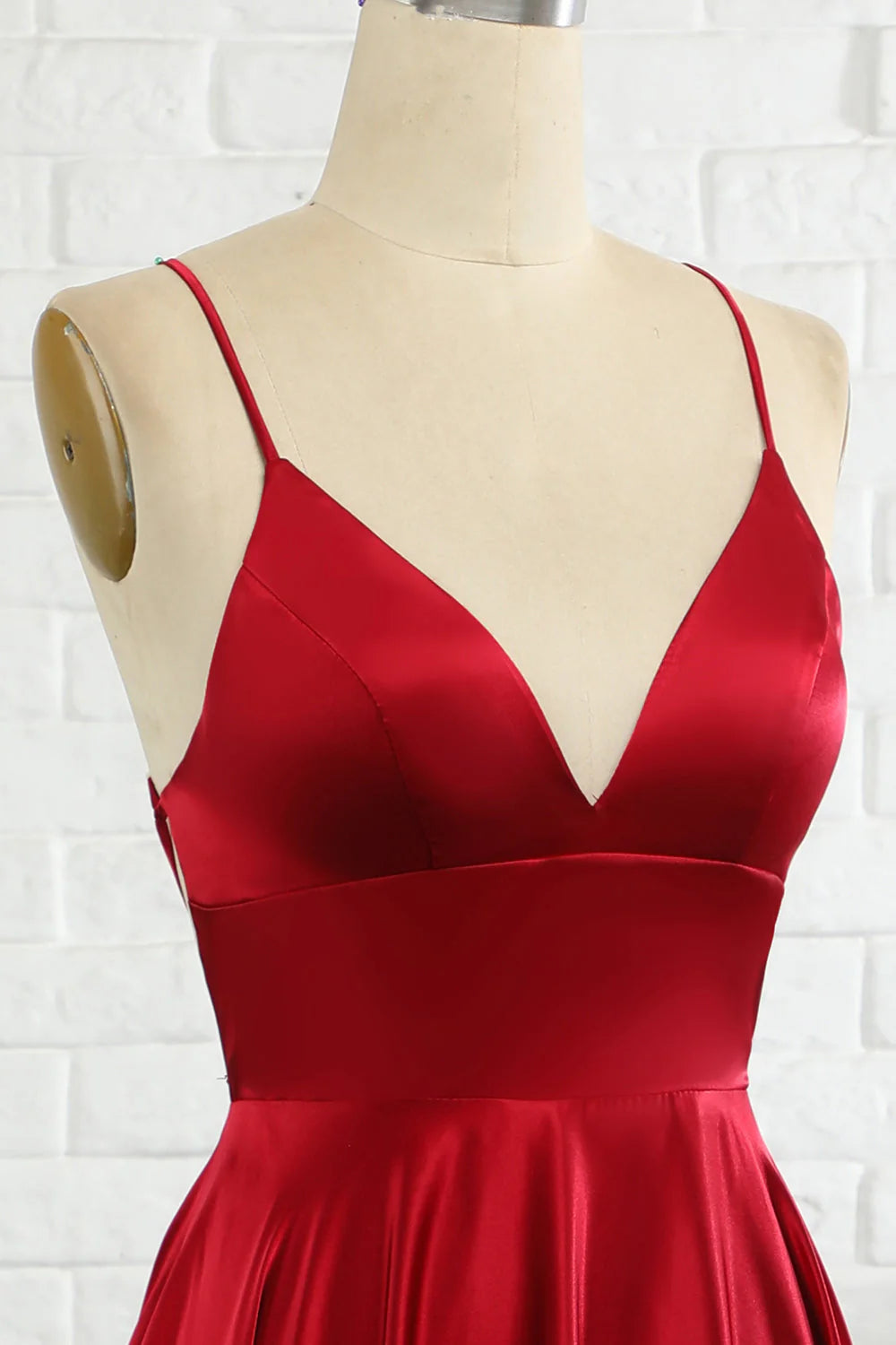 Simple A Line V Neck Spaghetti Straps Satin Burgundy Long Evening Dress