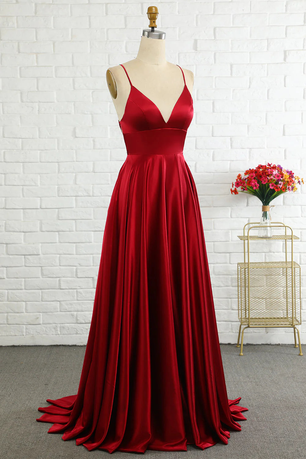 Simple A Line V Neck Spaghetti Straps Satin Burgundy Long Evening Dress