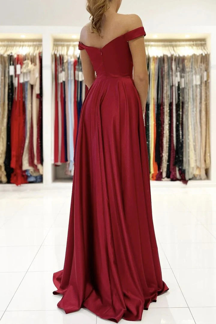 Simple A line Off-the-Shoulder Satin Burgundy Long Prom Dress Evening Dress