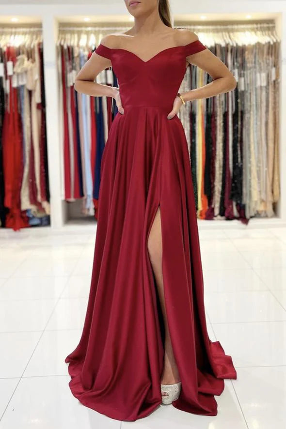 Simple A line Off-the-Shoulder Satin Burgundy Long Prom Dress Evening Dress