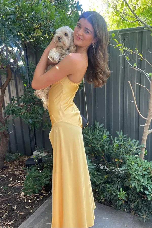 Simple Casual Spaghetti Straps Satin Yellow Long Prom Dress With Slit