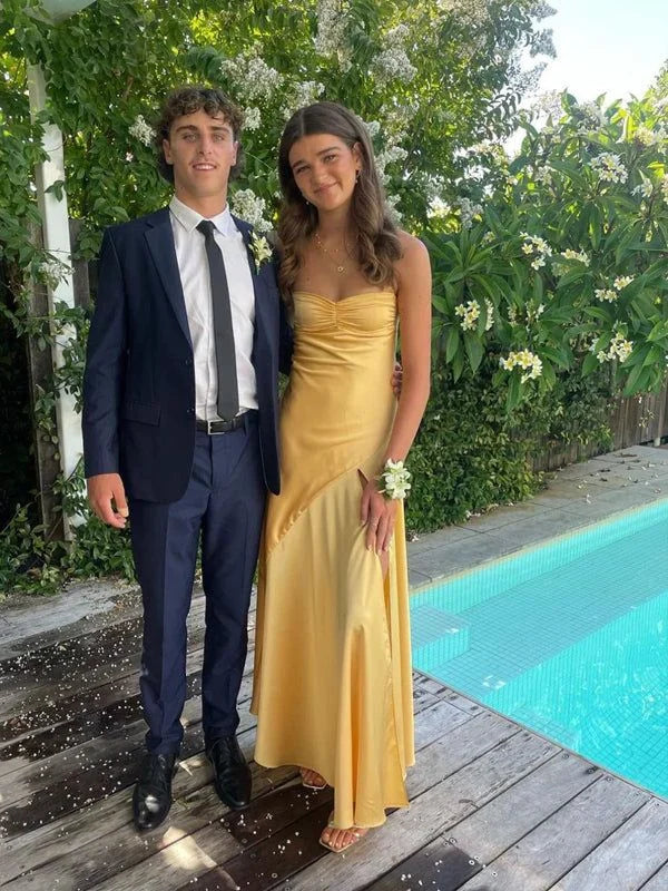 Simple Casual Spaghetti Straps Satin Yellow Long Prom Dress With Slit