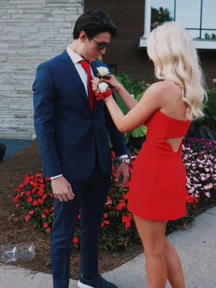 Simple Cute Sheath Sweetheart Open Back Satin Red Short Homecoming Dress