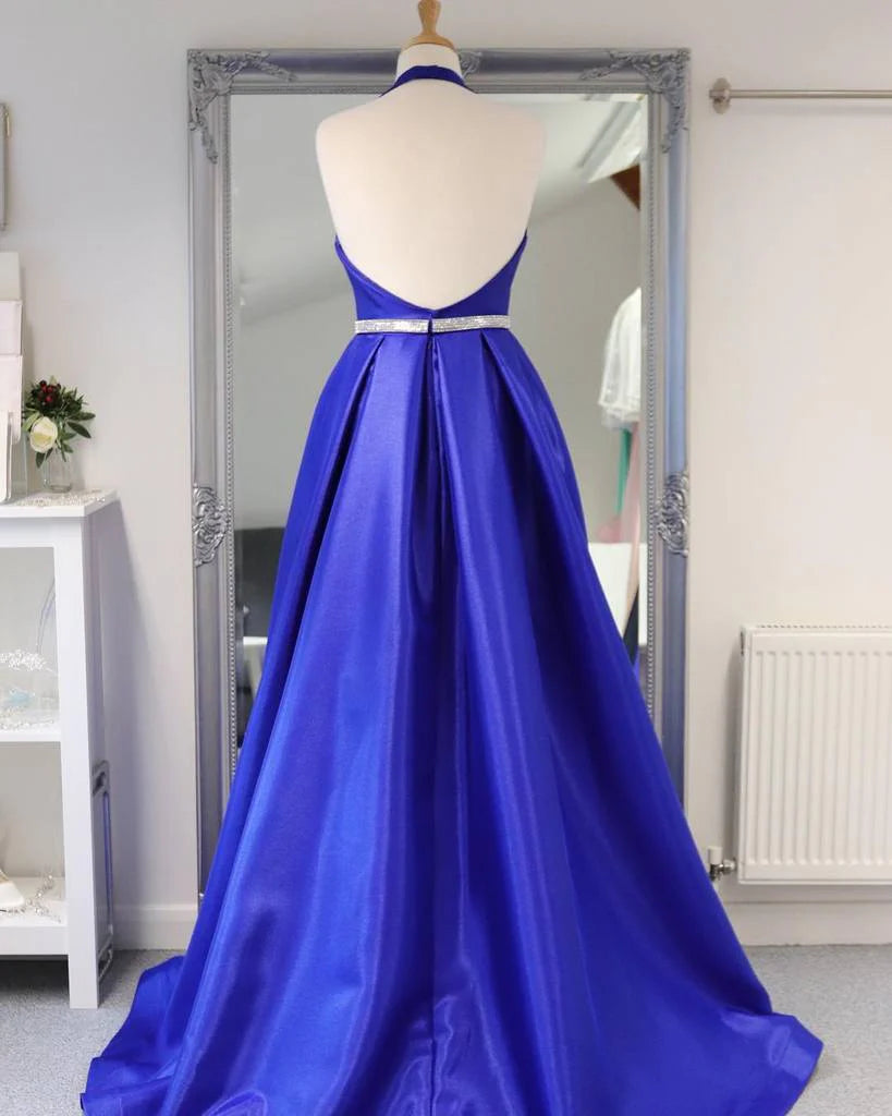 Simple Deep V Neck Open Back Satin Royal Blue Long Prom Dress
