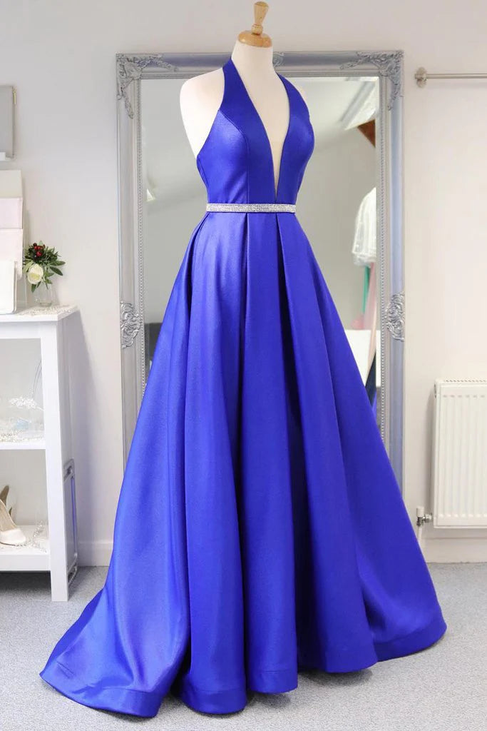 Simple Deep V Neck Open Back Satin Royal Blue Long Prom Dress
