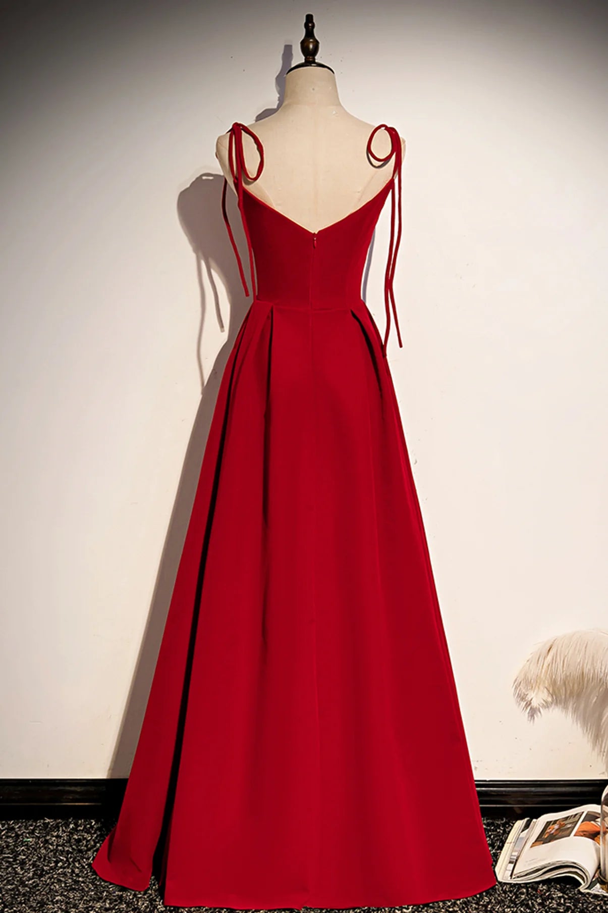 Simple Elegant A Line Prom Dress Tie Straps Red Long Evening Dress