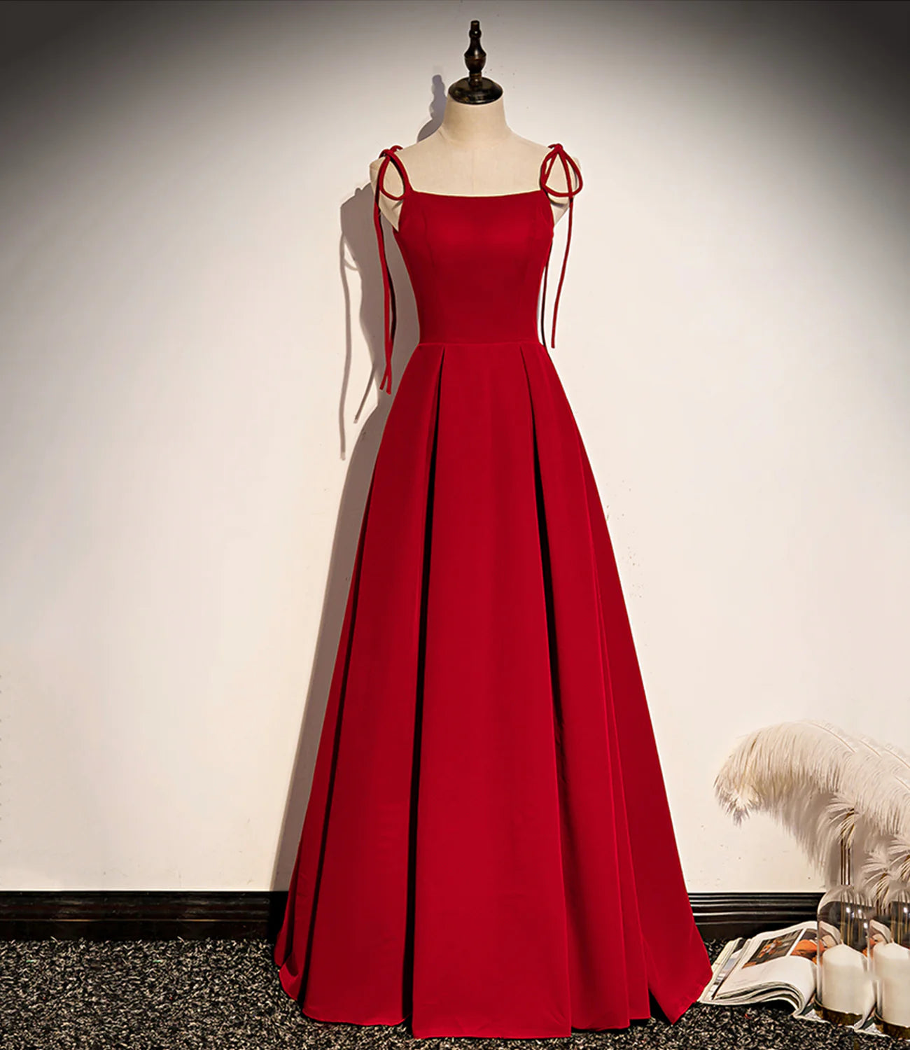 Simple Elegant A Line Prom Dress Tie Straps Red Long Evening Dress
