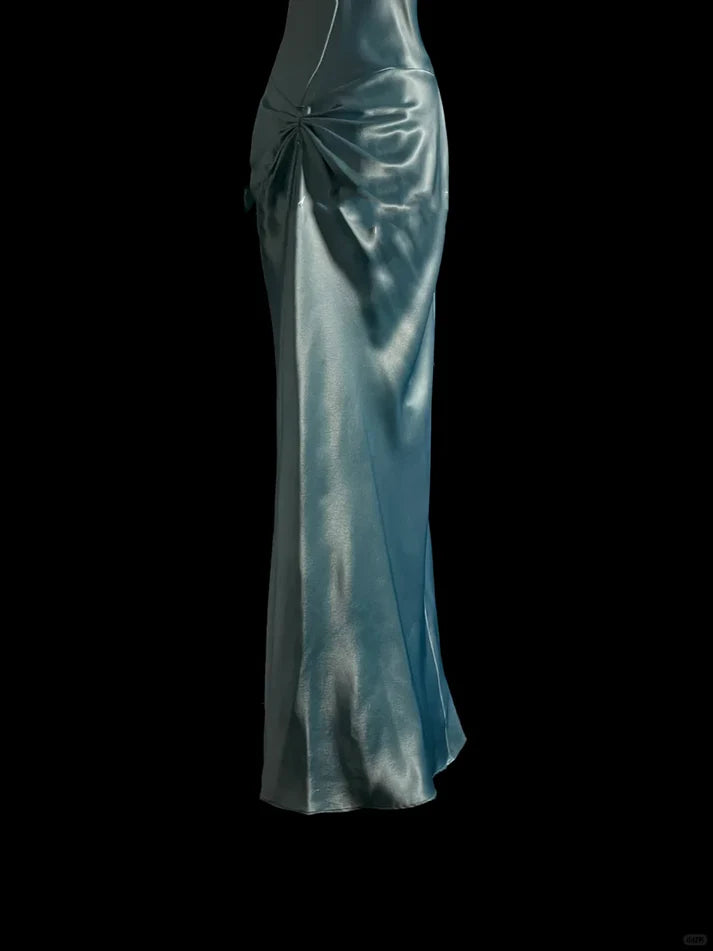 Simple Elegant Mermaid Halter Satin Blue Long Prom Dress Evening Dress