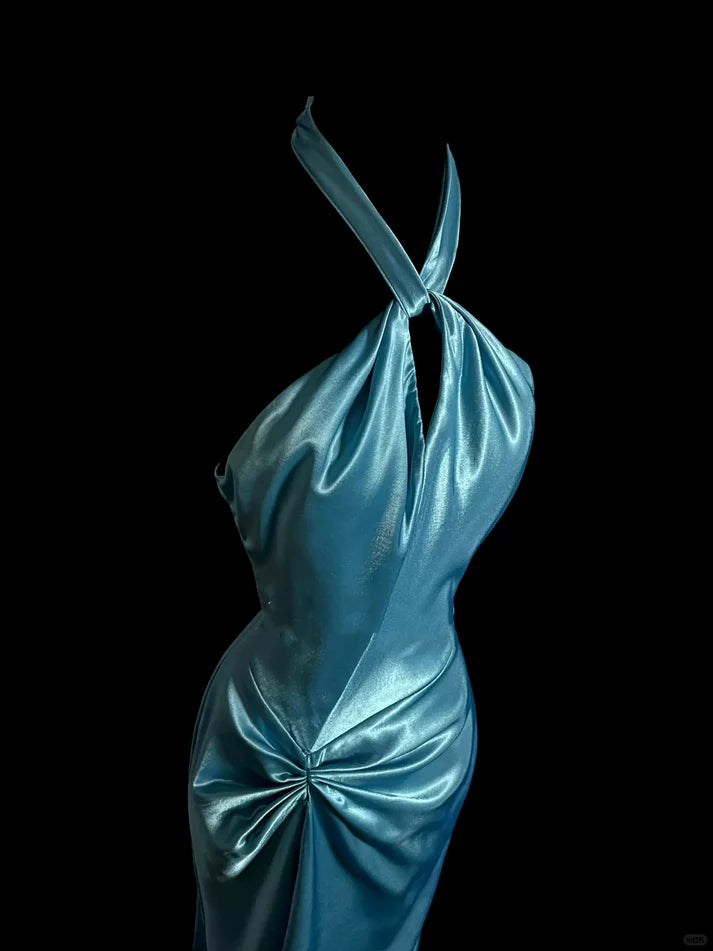 Simple Elegant Mermaid Halter Satin Blue Long Prom Dress Evening Dress