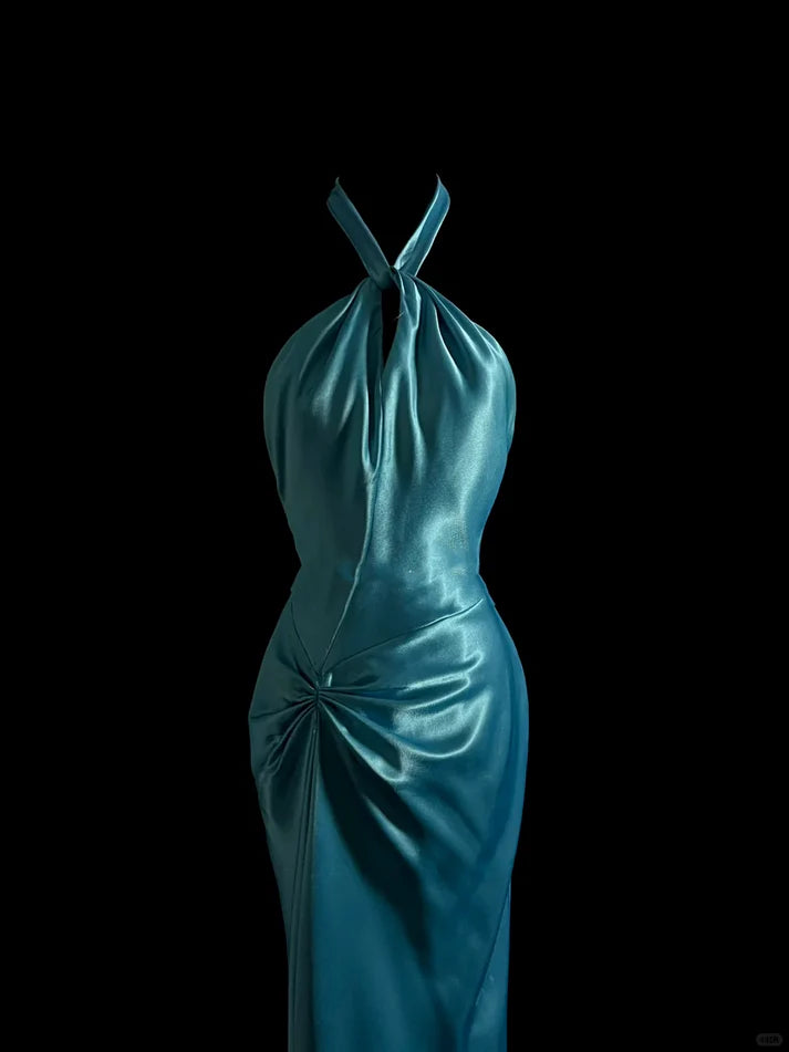 Simple Elegant Mermaid Halter Satin Blue Long Prom Dress Evening Dress