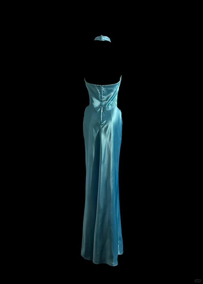 Simple Elegant Mermaid Halter Satin Blue Long Prom Dress Evening Dress