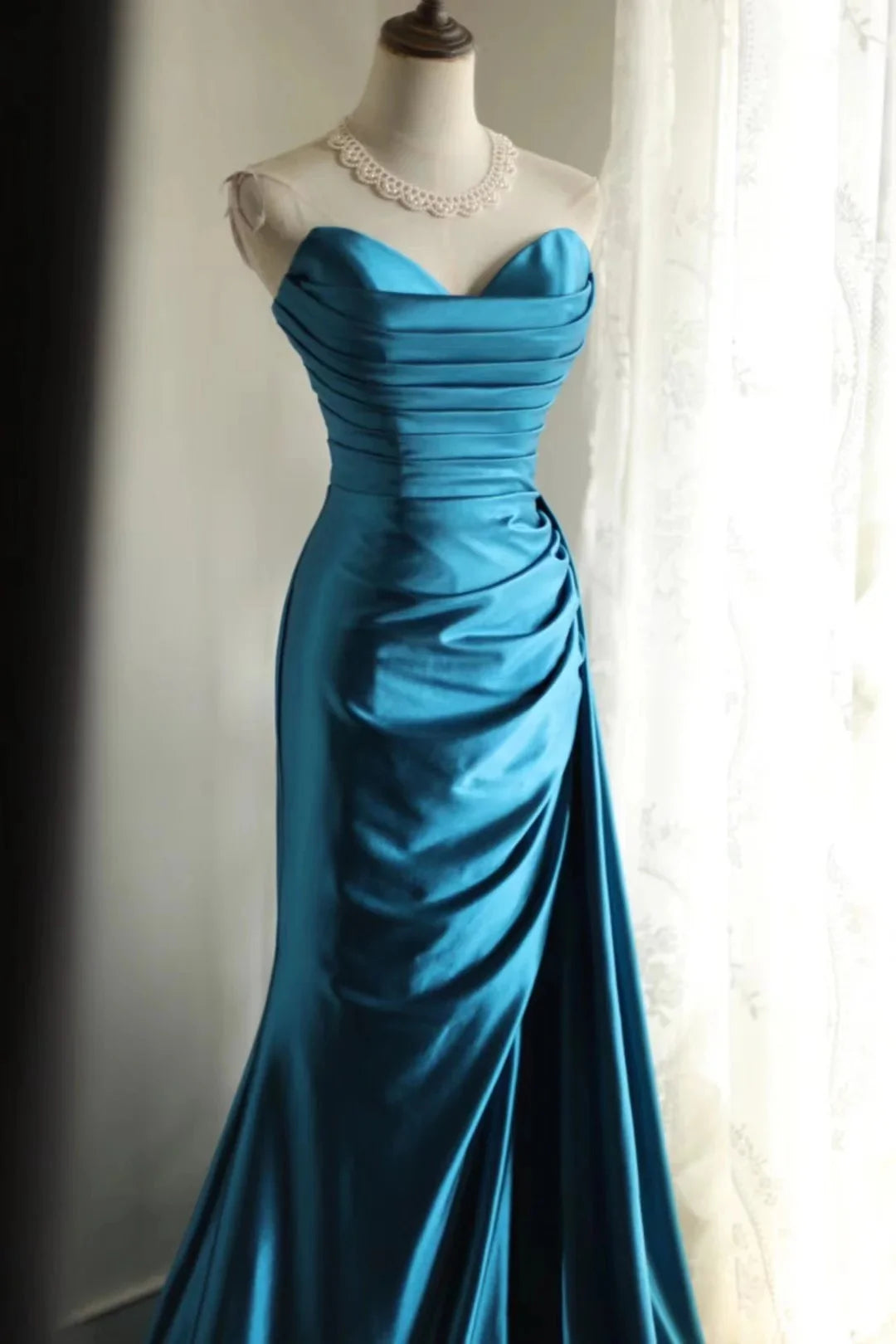 Simple Elegant Sweetheart Pleated Satin Blue Long Prom Dress Evening Dress