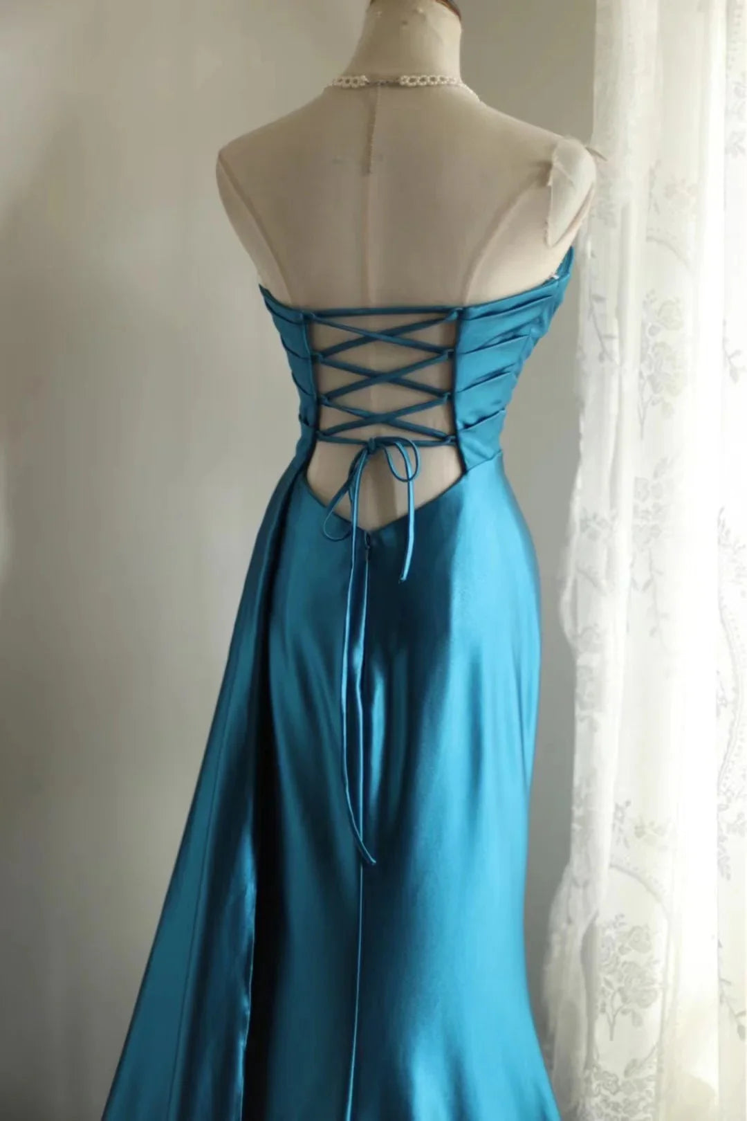Simple Elegant Sweetheart Pleated Satin Blue Long Prom Dress Evening Dress