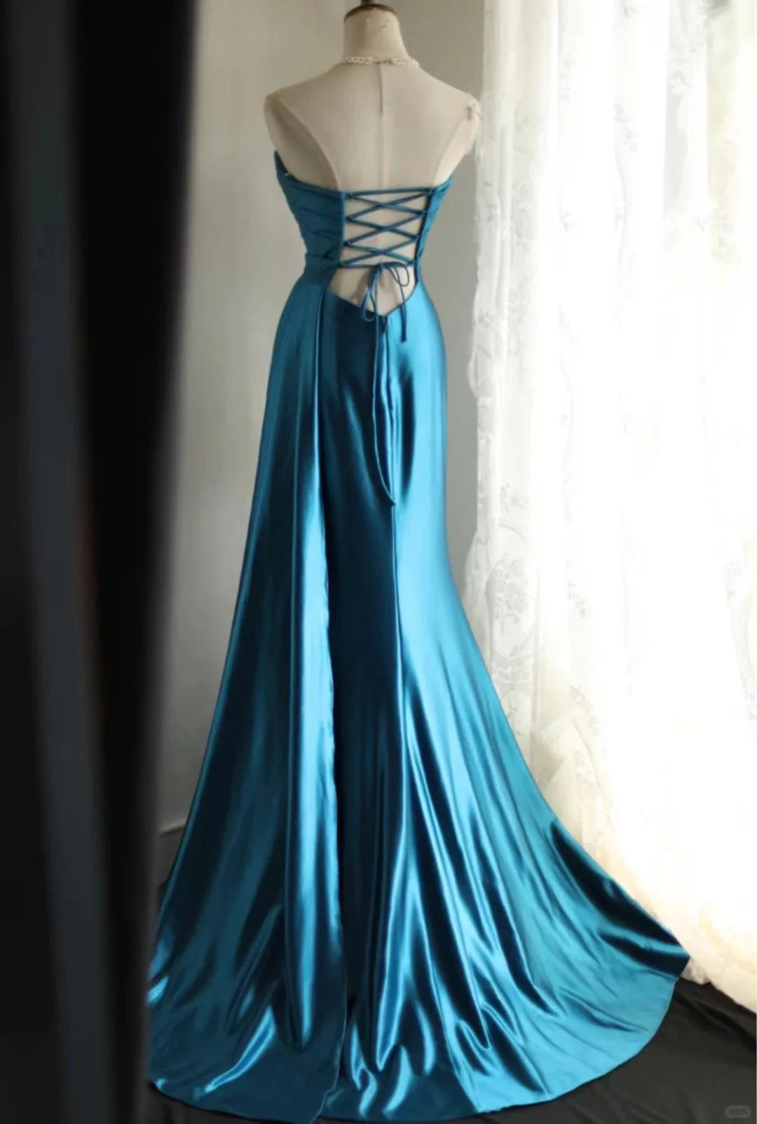 Simple Elegant Sweetheart Pleated Satin Blue Long Prom Dress Evening Dress