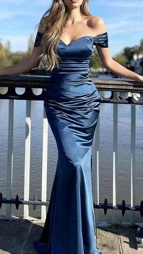 Simple Mermaid Off Shoulder Satin Navy Blue Long Prom Dress Custom