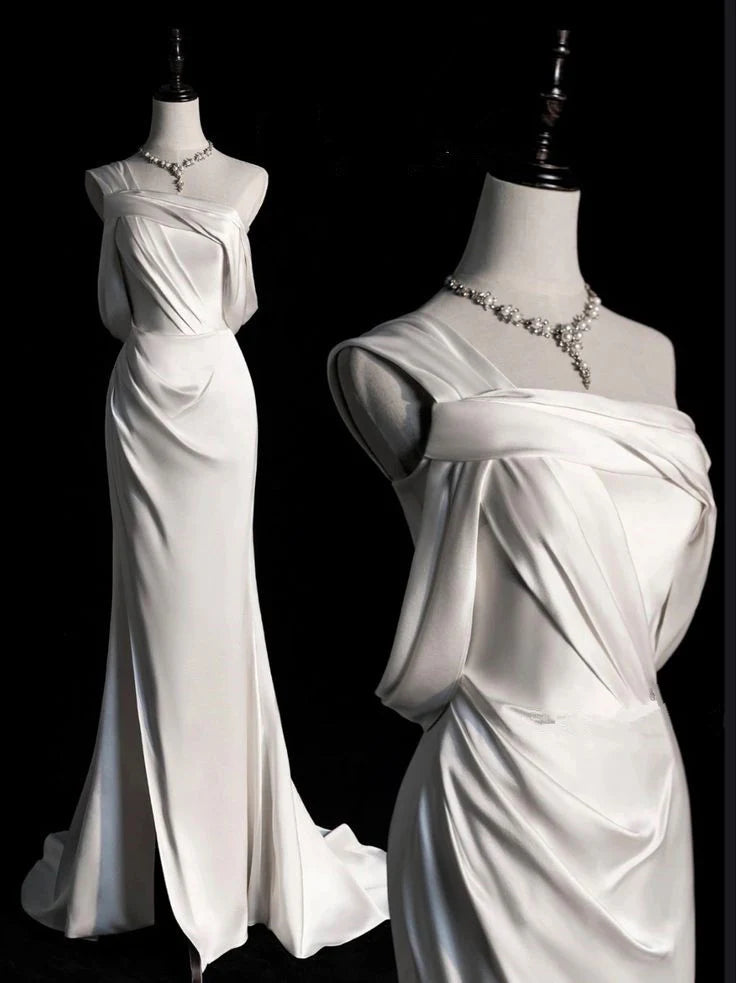 Simple Mermaid One-Shoulder Pleated Slit Satin Off White Prom Dress