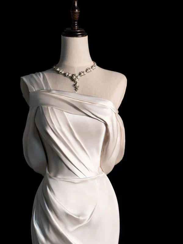 Simple Mermaid One-Shoulder Pleated Slit Satin Off White Prom Dress