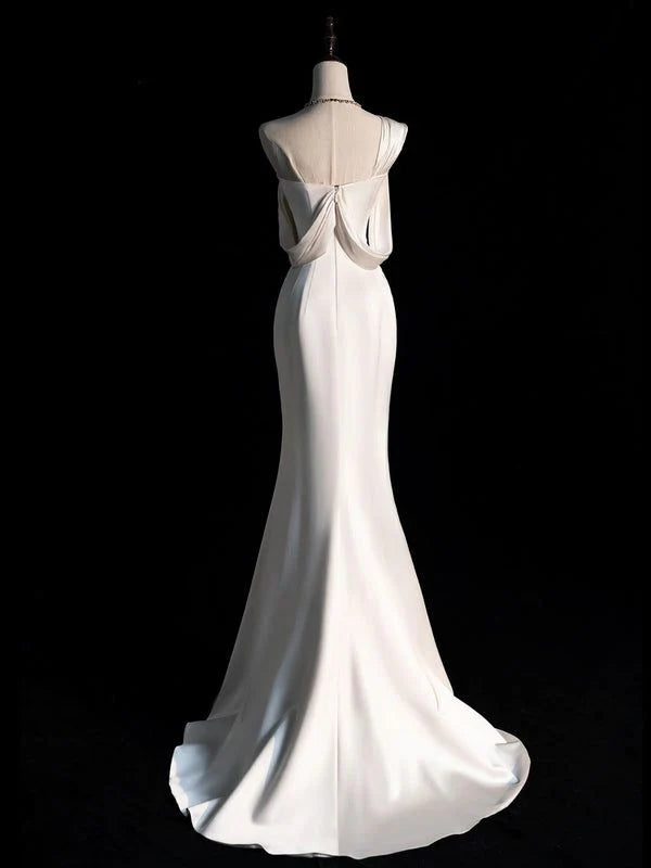 Simple Mermaid One-Shoulder Pleated Slit Satin Off White Prom Dress