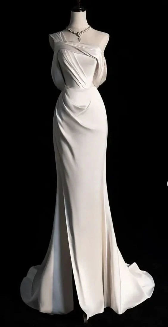 Simple Mermaid One-Shoulder Pleated Slit Satin Off White Prom Dress