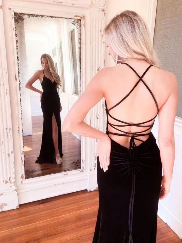 Simple Mermaid Spaghetti Straps Black Long Prom Dress Evening Dress