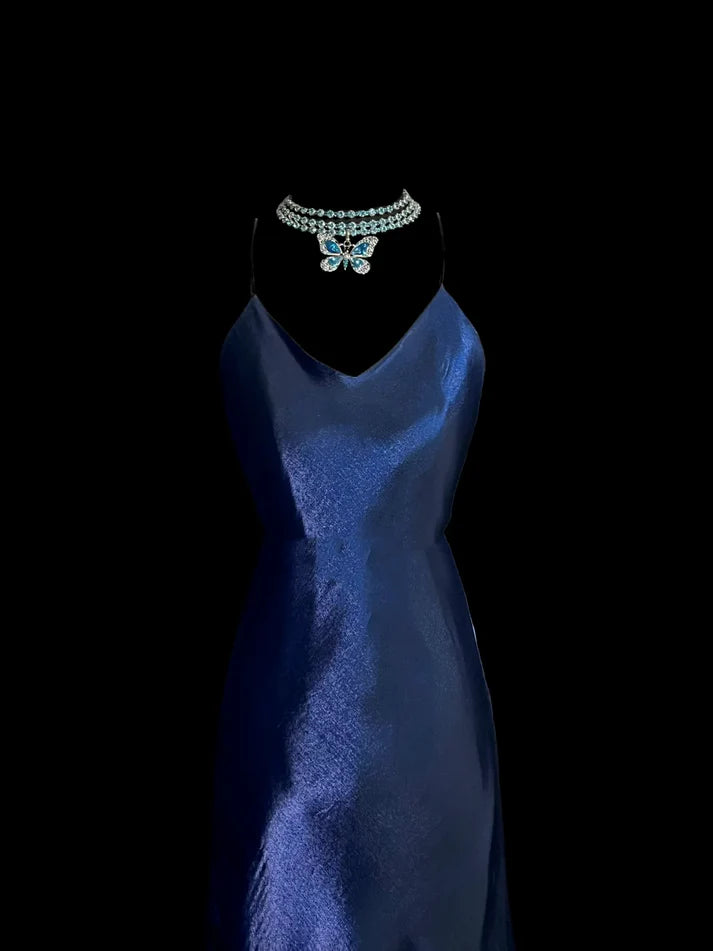 Simple Mermaid Spaghetti Straps Navy Blue Long Evening Dress Evening Dress