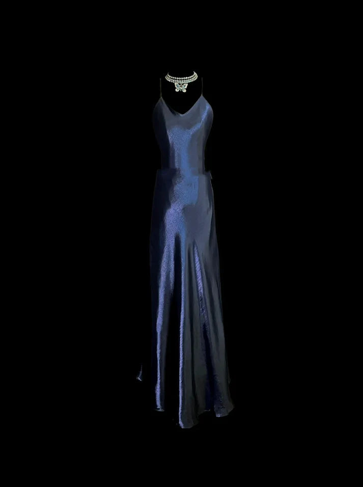 Simple Mermaid Spaghetti Straps Navy Blue Long Evening Dress Evening Dress