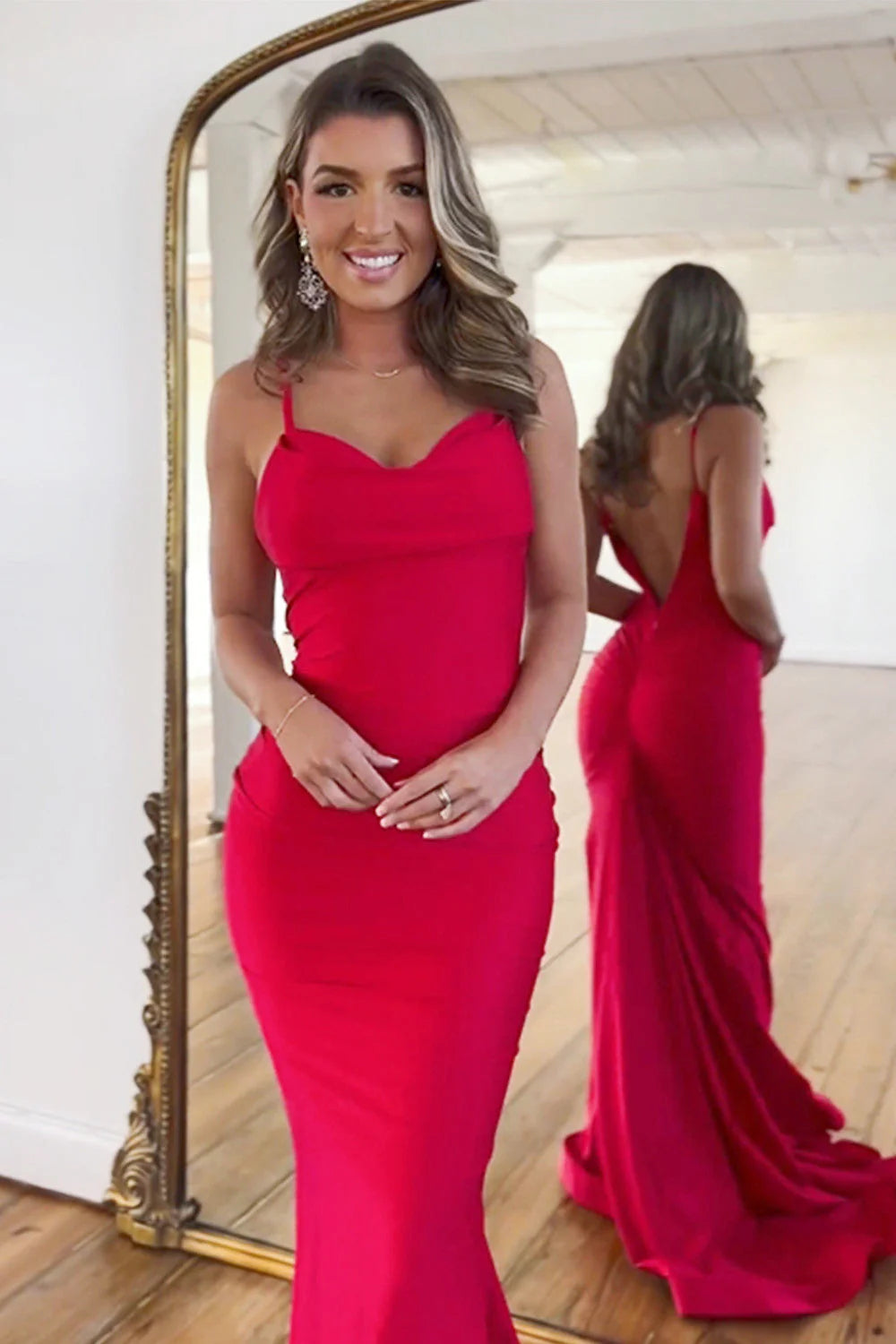 Simple Mermaid Spaghetti Straps Open Back Satin Red Prom Dress With Train
