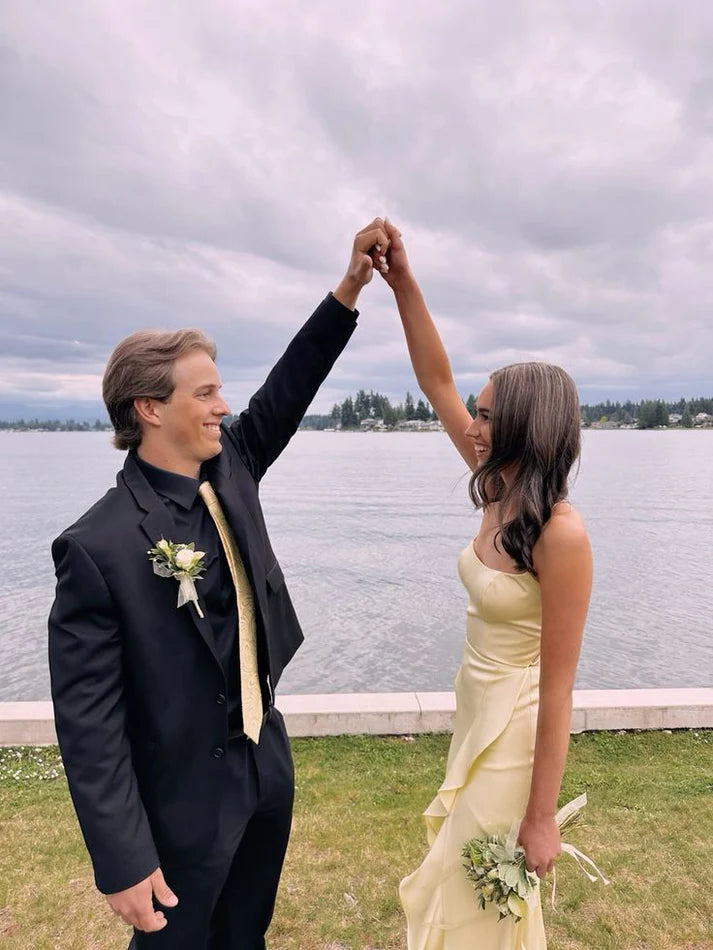 Simple Mermaid Spaghetti Straps Ruffle Slit Yellow Bridesmaid Dress
