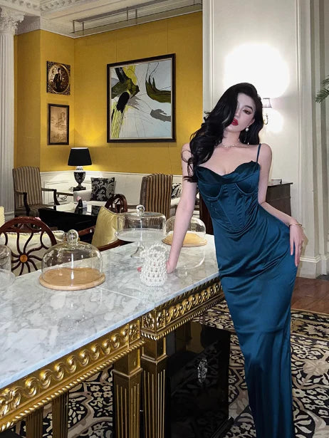 Simple Mermaid Spaghetti Straps Satin Blue Long Prom Dress Evening Dress