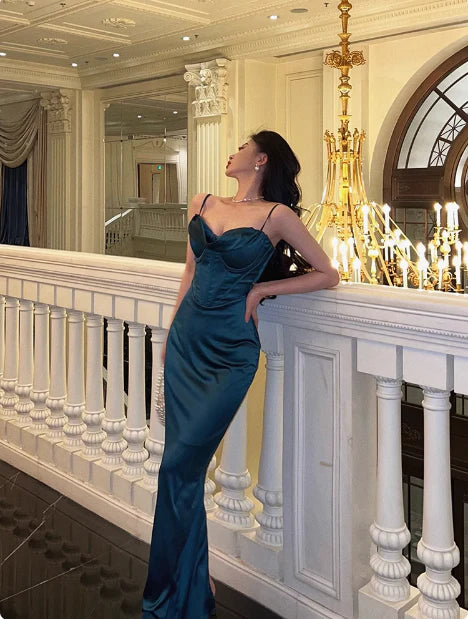 Simple Mermaid Spaghetti Straps Satin Blue Long Prom Dress Evening Dress
