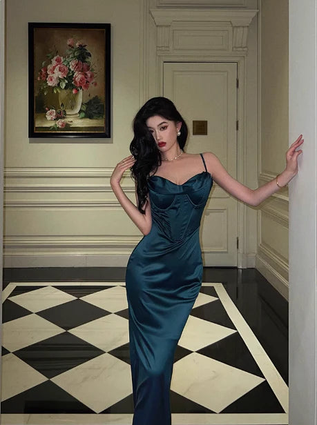 Simple Mermaid Spaghetti Straps Satin Blue Long Prom Dress Evening Dress