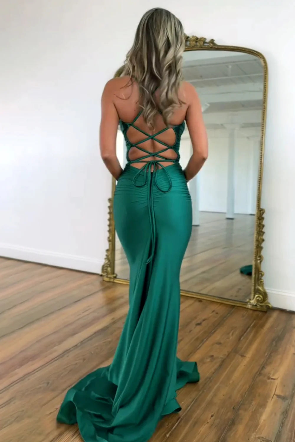 Simple Mermaid Spaghetti Straps Satin Green Prom Dress With Train