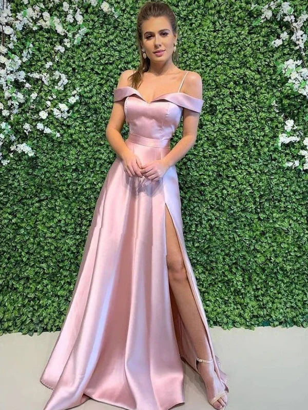 Simple Off Shoulder Slit Satin Pink Long Prom Dress Evening Dress