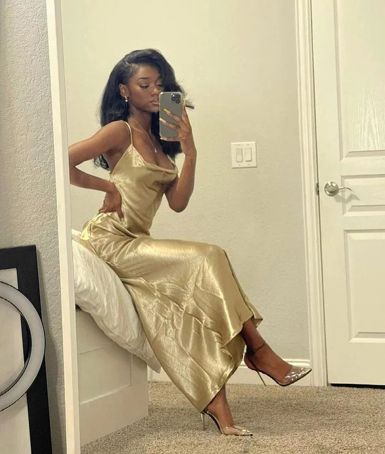 Simple Sexy Spaghetti Straps Satin Champagne Long Prom Dress Party Dress