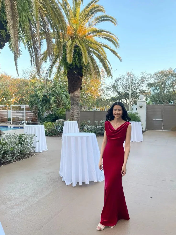 Simple Sheath Cowl Neck Sleeveless Solid Color Floor-Length Prom Dress