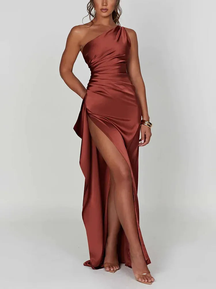 Simple Sheath One Shoulder Sleeveless Satin Slit Floor-Length Prom Dress