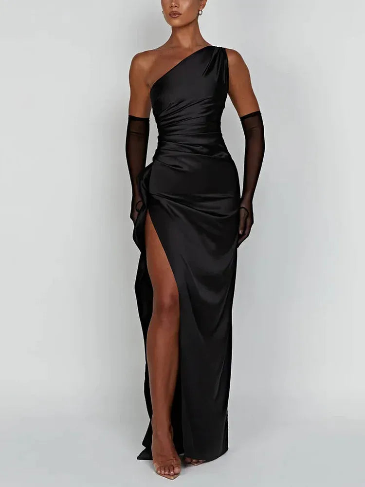 Simple Sheath One Shoulder Sleeveless Satin Slit Floor-Length Prom Dress