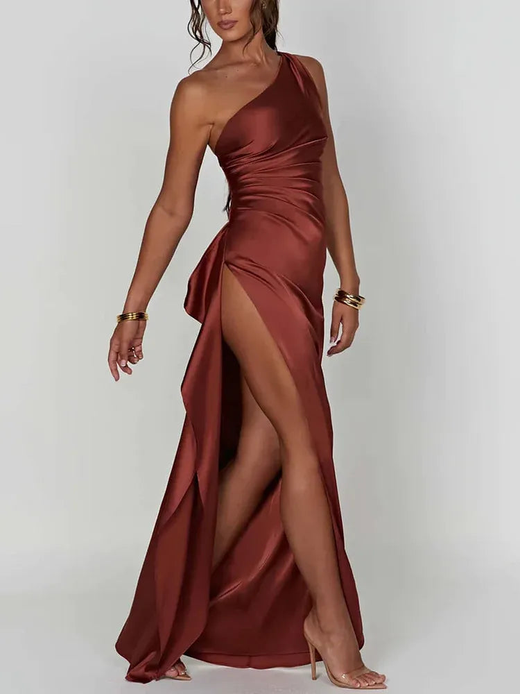 Simple Sheath One Shoulder Sleeveless Satin Slit Floor-Length Prom Dress