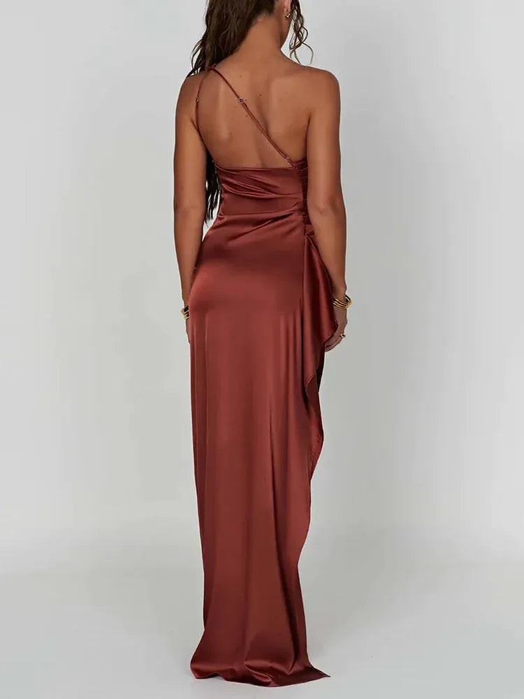 Simple Sheath One Shoulder Sleeveless Satin Slit Floor-Length Prom Dress
