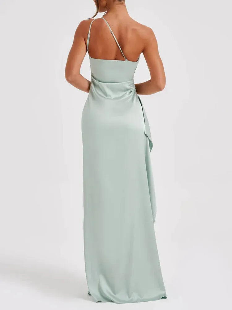 Simple Sheath One Shoulder Sleeveless Satin Slit Floor-Length Prom Dress