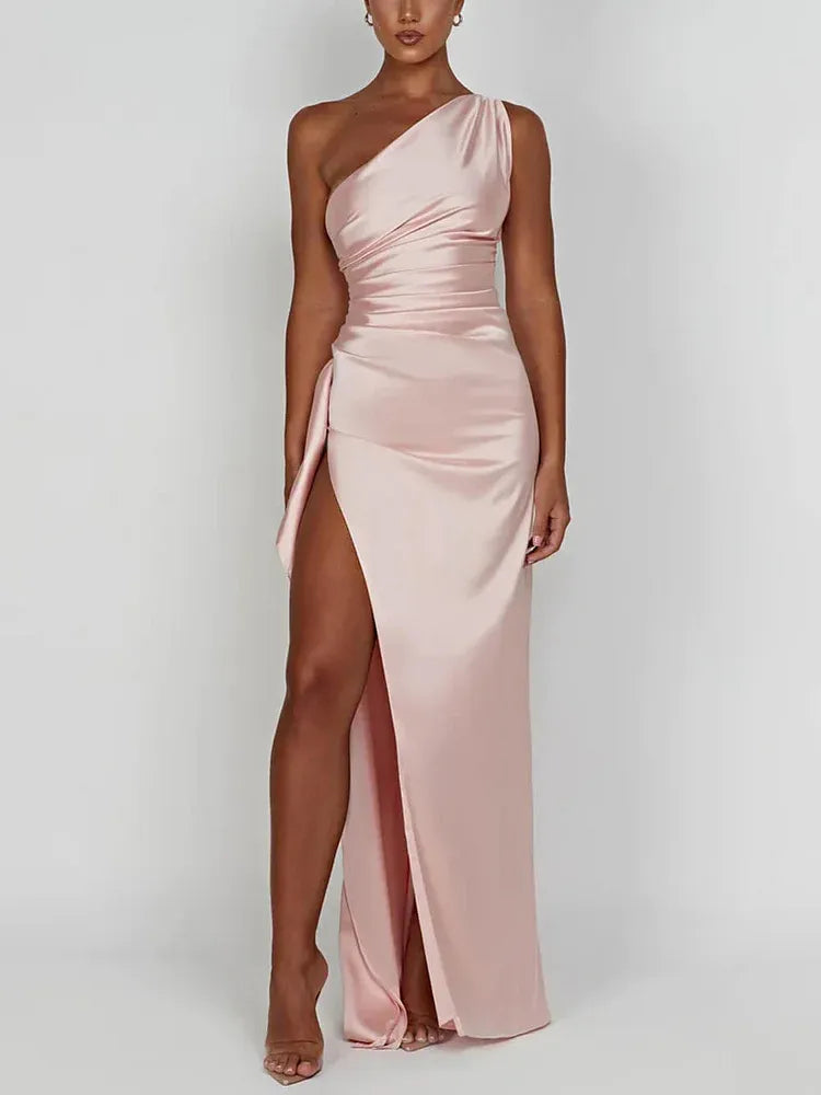 Simple Sheath One Shoulder Sleeveless Satin Slit Floor-Length Prom Dress