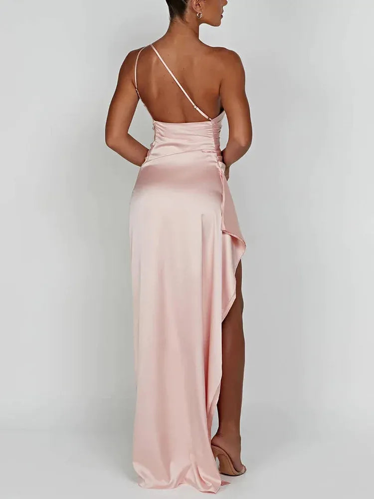 Simple Sheath One Shoulder Sleeveless Satin Slit Floor-Length Prom Dress